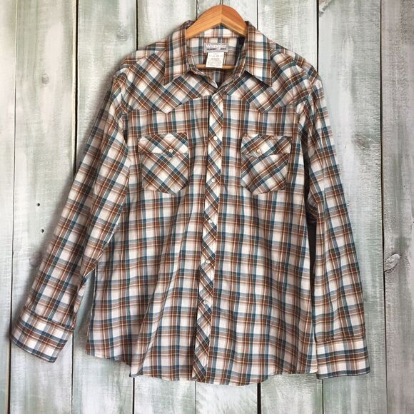 Wrangler Other - Wrangler Wrancher Brown White Plaid Western Pearl Snap Long Sleeve Shirt Mens XL